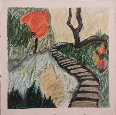 Färgglad teckning av en stig genom en park med träd och en orange gran.