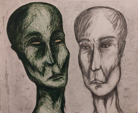 Två stiliserade ansikten med distinkta drag och utmärkta uttryck i svart och grönt.